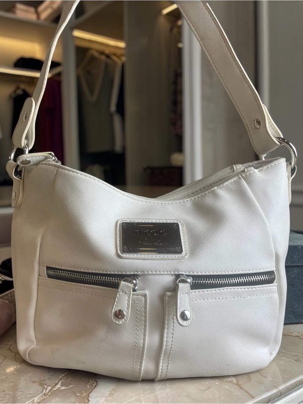 Nicole Miller Off White Faux Leather Shoulder Bag Purse Zip Pockets